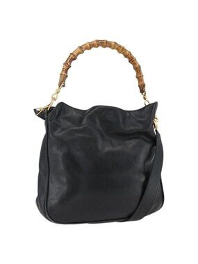 Authentic GUCCI Bamboo Shoulder Bag Leather 2way Black Gold 001 2113 1638
